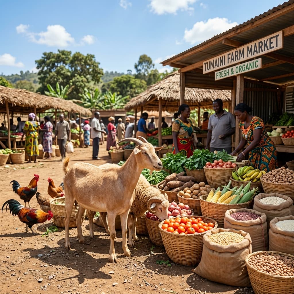 Basket of fresh farm produce and livestock